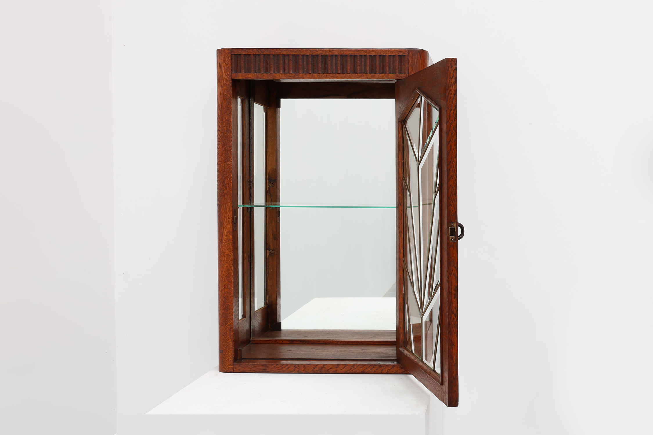 French Art Deco Oak Cabinet with Beveled Leaded Glass, ca. 1920thumbnail